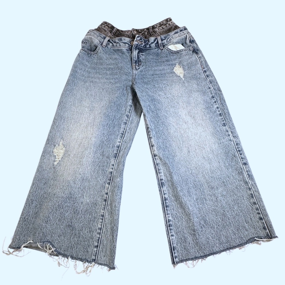 Beyond Egreis Double Waistband Wide Leg Jeans Light Wash Distressed Blue Size M